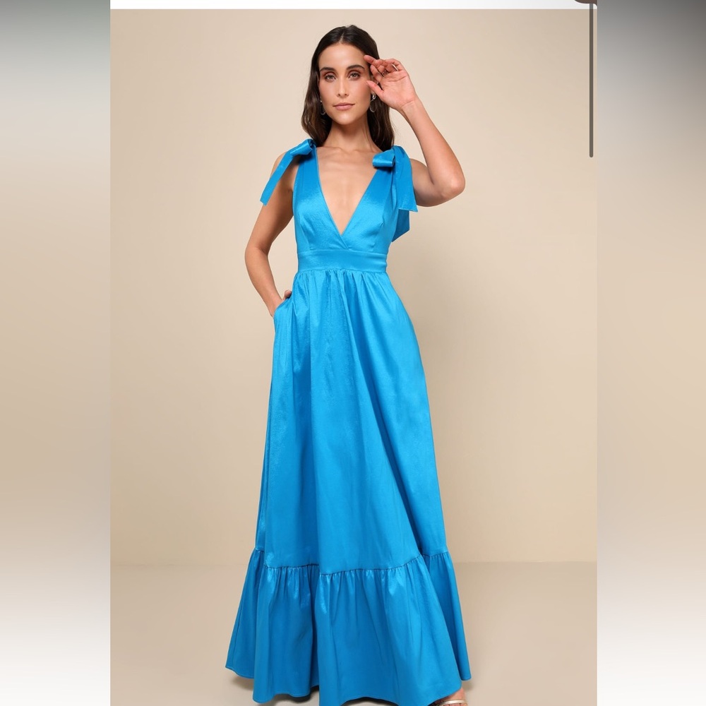 Lulu’s Rare Charm Teal Blue Taffeta Tie-Strap Maxi Dress With Pockets